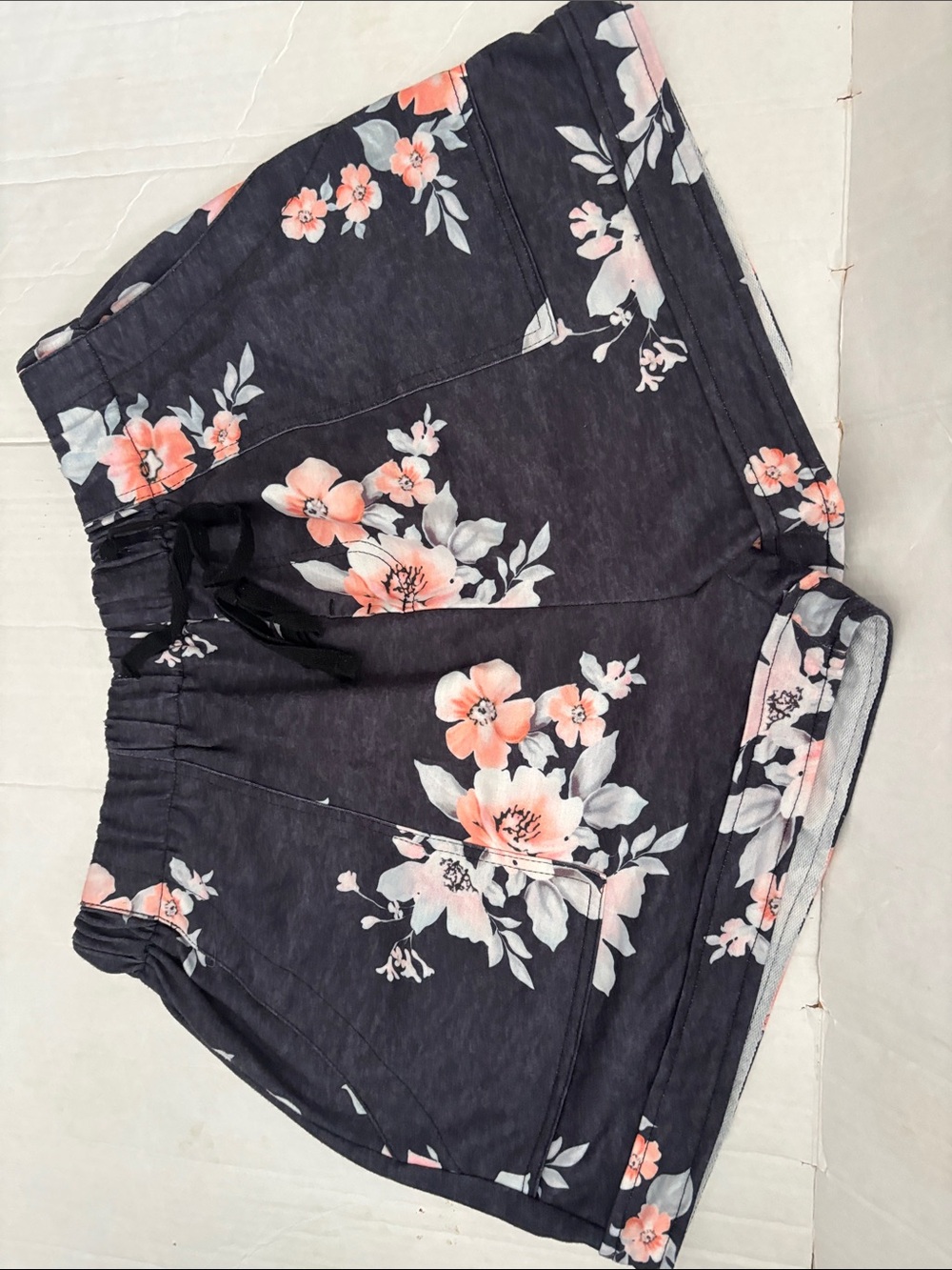 Floral Drawstring Women’s Shorts - Black with Peach Flowers